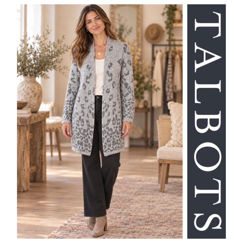 Talbots Gray Ombre Animal Print Open Front Cardigan Career Capsule Size S Petite